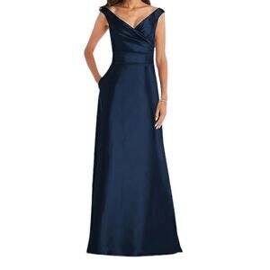 Alfred Sung dress D811s off the shoulder draped wrap satin maxi blue size 14